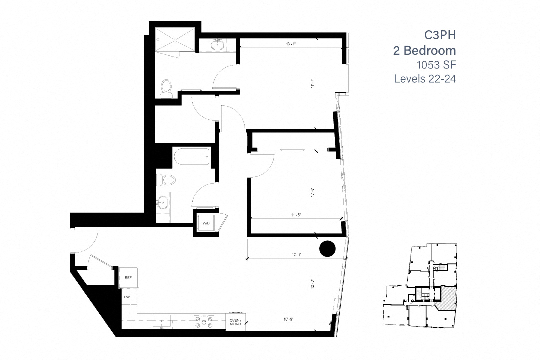 Floor plan for 2 beds, 2 baths, 1053 sqft